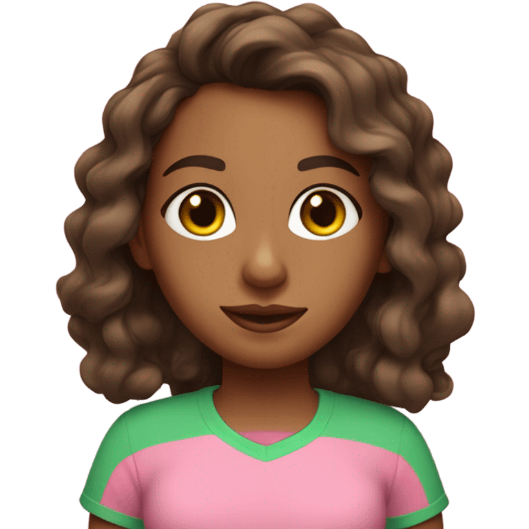 brown girl with below shoulder length hair with loose curls  wearing pink t-shirt with green trim  emoji