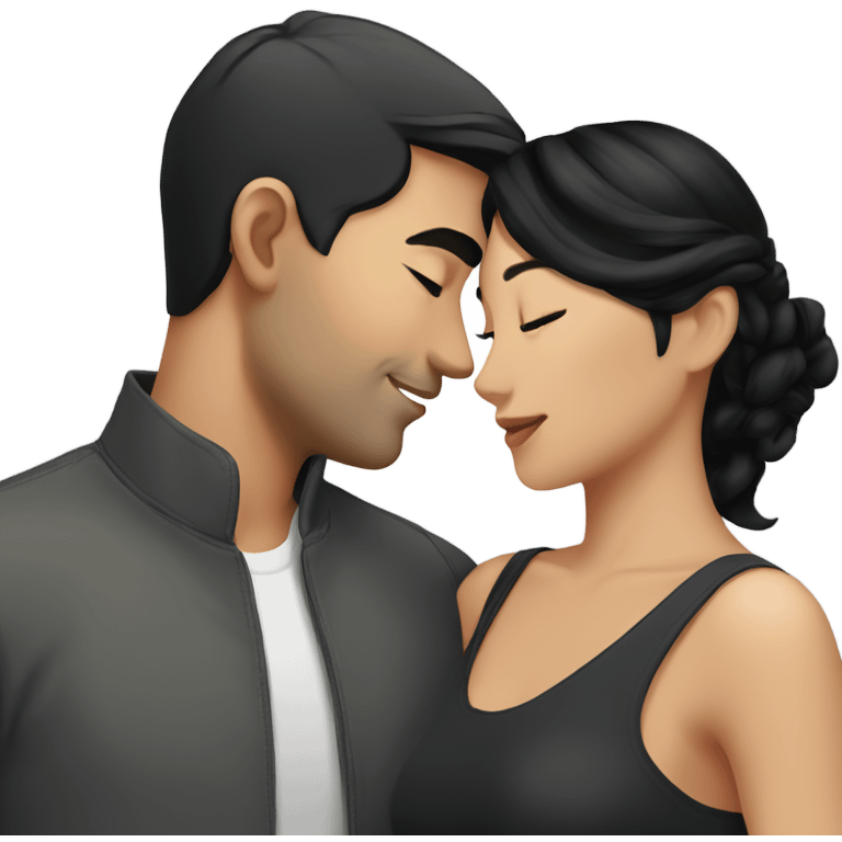 Asian grayish black haired guy kissing a black haired woman emoji