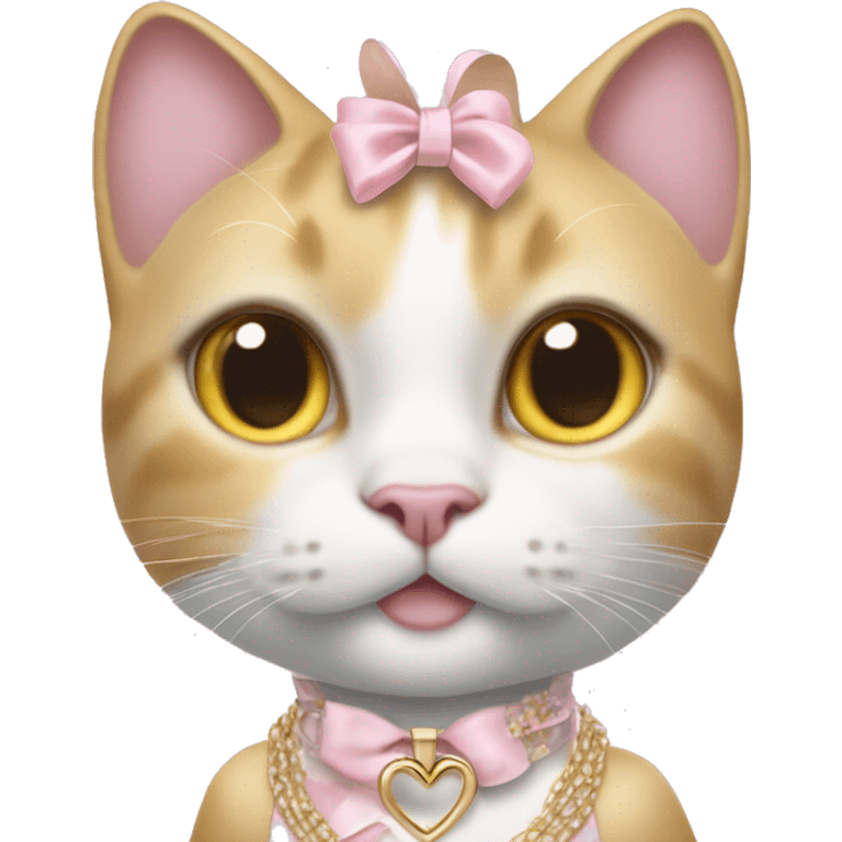 A white yellow jumbo cat wearing a pastel pink dress, a ribbon on its head, white Jordan shoes, Dior-branded gloves, a large gold necklace, and big silver earrings. emoji