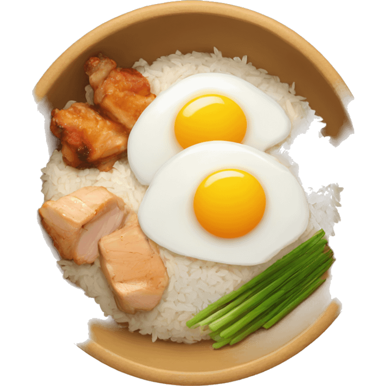 a bowl of rice with two eggs and chicken thigh emoji