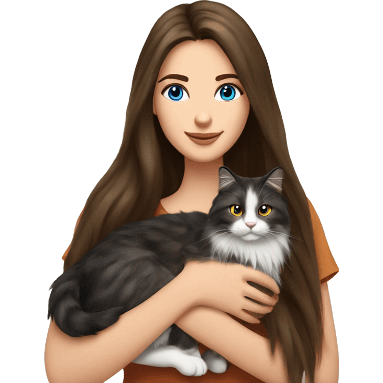 long straight haired blue eyed brunette woman holding norwegian forest cat with amber eyes emoji