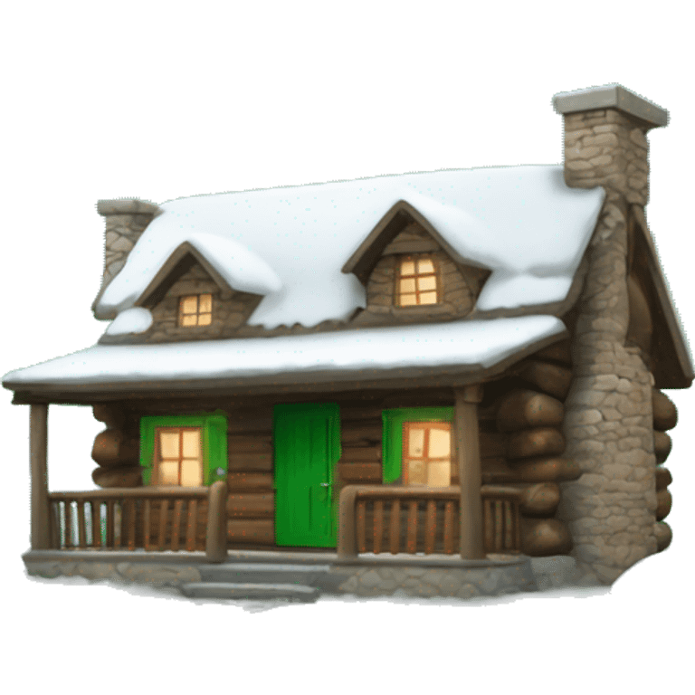 Snowy log cabin with a green door and a stone chimney  emoji