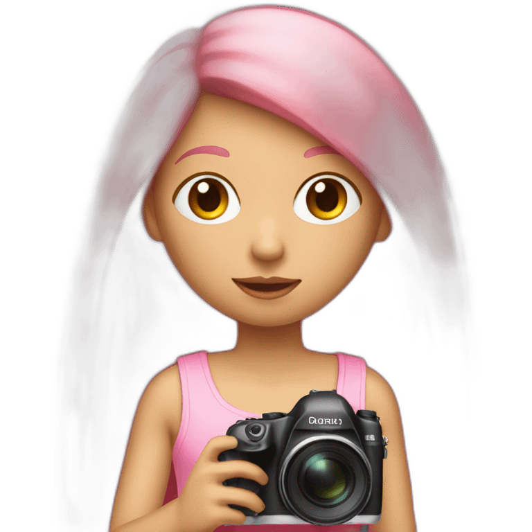 girl with long, straight rose hair with fringe and holding camera and wearing pink tank top emoji