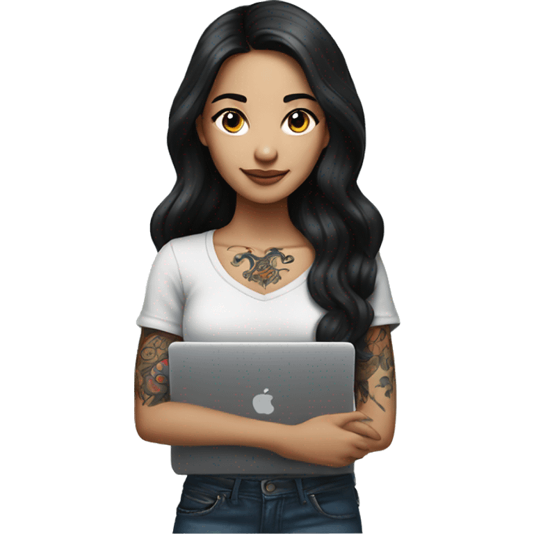 beautiful girl, with arm tattoos, with long black hair, wavy hair, chinese, with laptop emoji