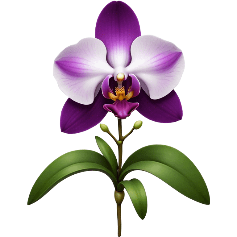 Cinematic Realistic Orchid Emoji, Exotic and elegant, with intricate, velvety petals in deep purple and white, forming a delicate and symmetrical blossom. The slender green stem holds the flower high, while surrounding leaves add lush contrast. Soft glowing outline, capturing the essence of rare beauty and sophistication in a captivating orchid. emoji