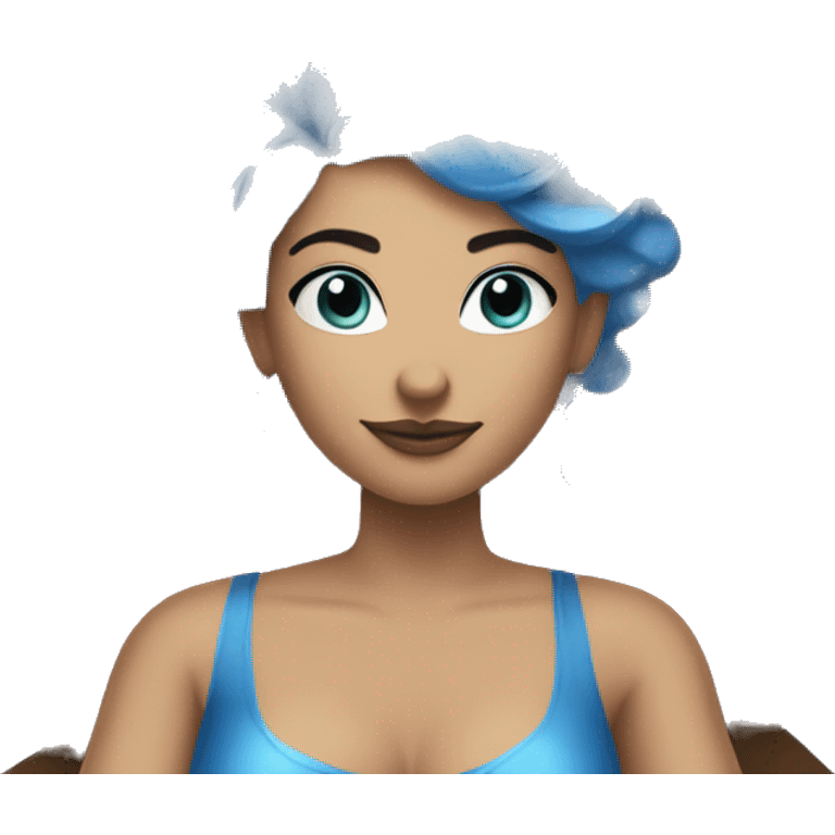 Someone with blue hair, blue nail polish, blue eyes and sits on a royal throne with a blue crown on her head and has a hairstyle emoji