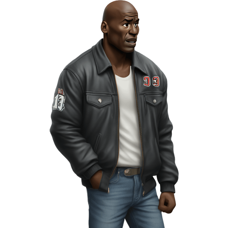 Michael Jordan in a jacket holds his head and is sad photorealistic serious emoji