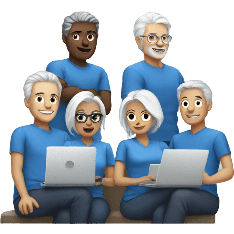 Teamwork with laptops with white hair in blue clothes emoji