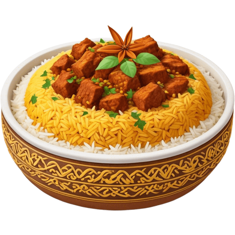 Cinematic Realistic Biryani Dish Emoji, depicted as aromatic basmati rice layered with spiced meat and herbs rendered with vibrant textures and warm, inviting lighting. emoji