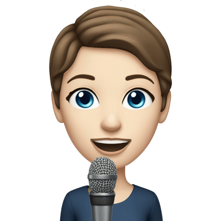 a woman with short brown hair, blue eyes, pale skin, singing into a microphone emoji