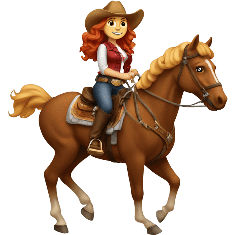 Long wavy red headed Latina wearing western wear riding a blonde horseback  emoji