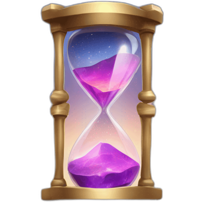 Design a crystal hourglass with sparkling sand, against a cosmic background." emoji