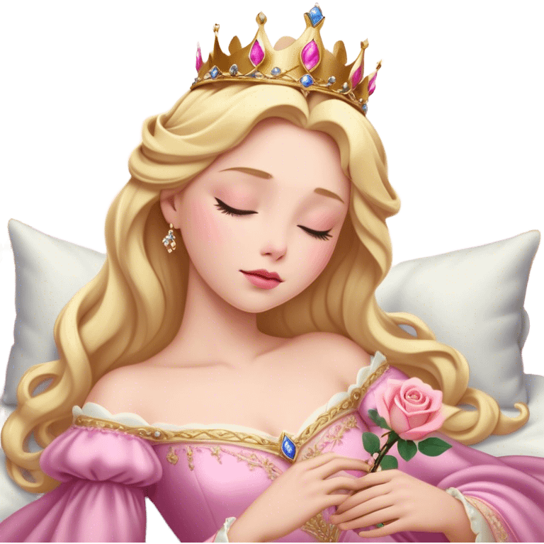 Cinematic Realistic Sleeping Beauty (Aurora) Portrait, with porcelain-like skin featuring a natural rosy flush, illuminated by soft lighting that highlights the gentle contours of her face. Her golden blonde hair flows in soft, detailed waves with subtle highlights that shimmer in the light. Her deep violet-blue eyes radiate warmth and innocence, framed by arched brows and long lashes. With a soft, serene smile, she holds a delicate rose gently in one hand, her other hand resting lightly by her side. She is dressed in her classic pink gown, the fabric rich in texture with delicate folds that catch the light. A golden crown rests atop her head, gleaming with royal refinement. The portrait captures a soft, glowing aura, blending realism with an ethereal sense of beauty and timeless enchantment. emoji