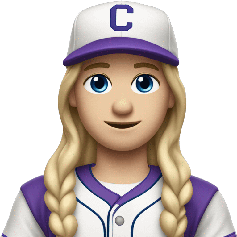 baseball card character. Dirty blonde long straight hair. blue eyes.  letter C logo. Purple and white uniform.  emoji