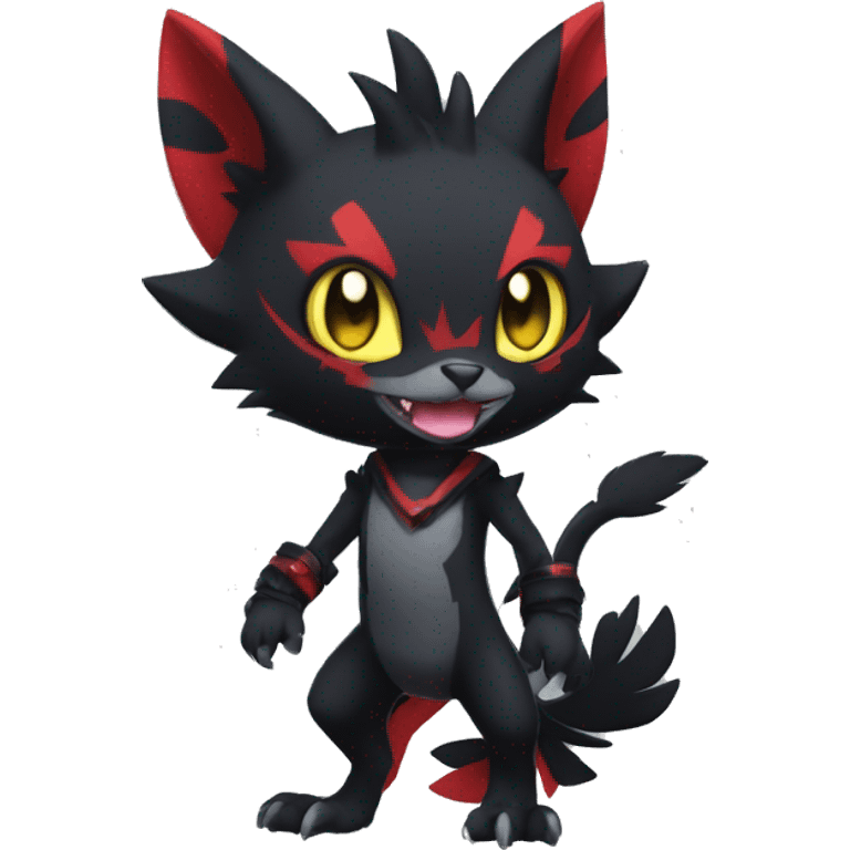 Black Anthro Cool Punk Noibat-Litten-Fakemon-fursona with fangs and red markings Full Body emoji