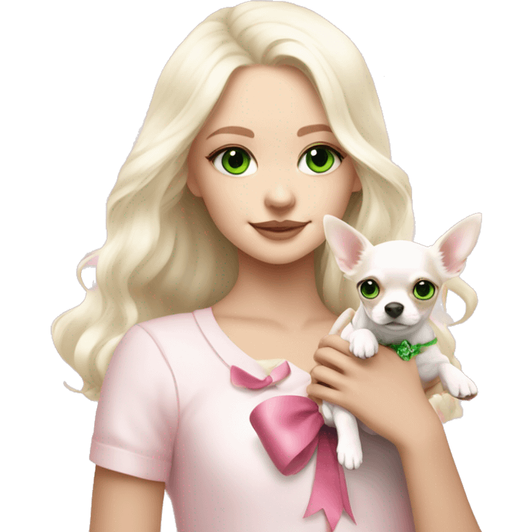 pale blond yt girl with wavy long platinum white hair with bright green eyes holding a white chihuahua puppy that wearing a pink bow emoji