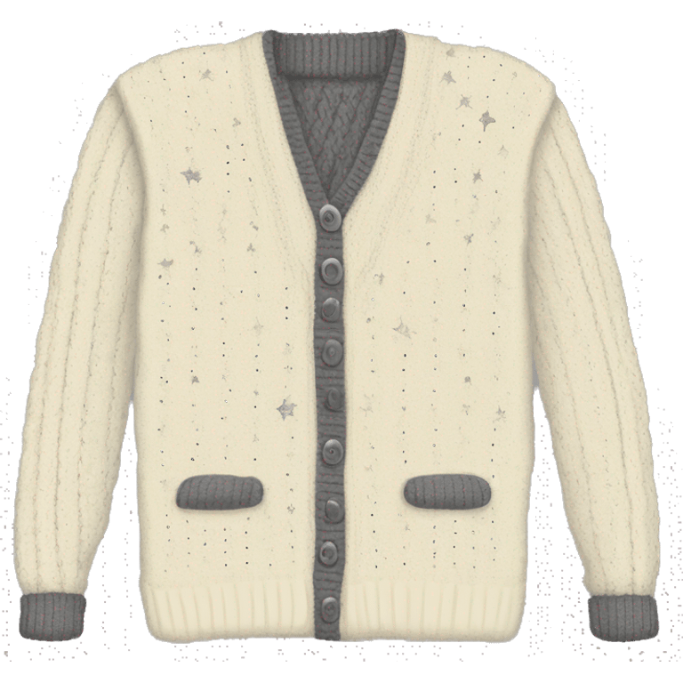 a cream cable knit sweater with a thin dark gray stripe lining the inside near the buttons and the  bottom edge of the cardigan and the sleeves and silver stars on the elbows of sleeves with  emoji