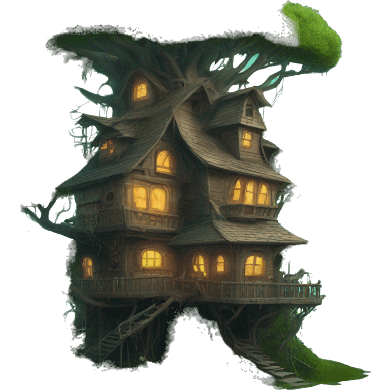 Fantasy haunted tree house in an overgrown cottage with a futuristic twist  emoji