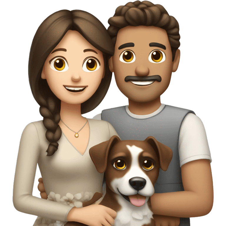 Brunette husband and wife with small white and brown dog emoji