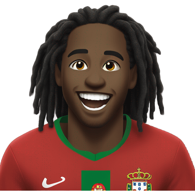  Young black man- short black dread locks-  no facial hair laughing Portugal jersey lean crazy smile  emoji