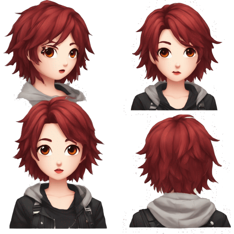 Gorgeous anime style tomboy-lady with blushing face aesthetic and pretty edgy black red punk hair with hair garment trending style emoji