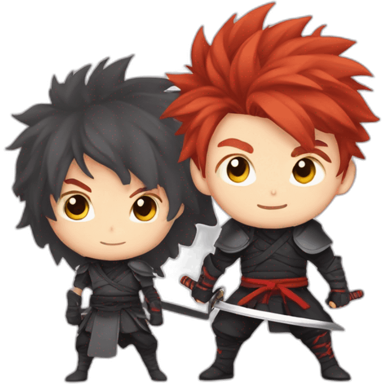 Anime ninja with Red haired young boy with cheeky grin and pointy fluffy hair with a sword in a defense pose emoji