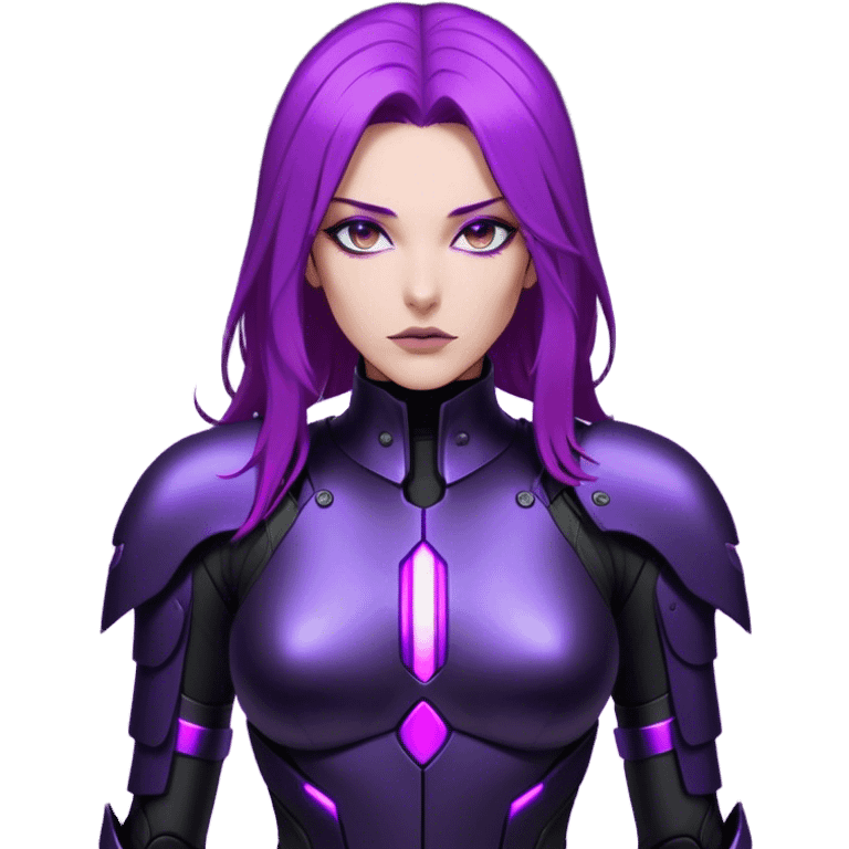 A sleek warrior woman with flowing purple hair, her sharp violet eyes glowing with quiet intensity. She wears a form-fitting black armored suit with smooth, seamless plating, a fusion of high-tech design and elegant minimalism. The matte black surface subtly reflects the dim ambient light, highlighting the streamlined contours of her suit. A slim, obsidian blade rests at her side, its edge barely visible in the soft glow of floating digital glyphs around her. Her expression is poised—calm, calculated, and unwavering, standing against a gradient-lit backdrop, where darkness meets the faintest hint of neon luminescence. emoji