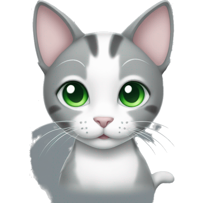 a grey and white cat with green eyes making a heart with paws emoji