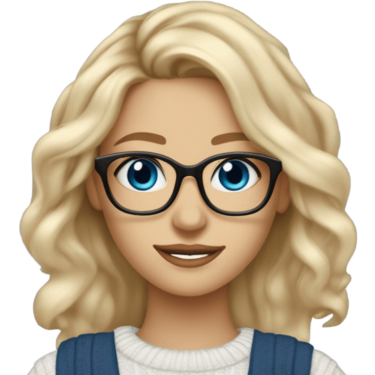 Blonde balayage long hair white women sweater blue eyes and small glasses holding note pad and pen emoji