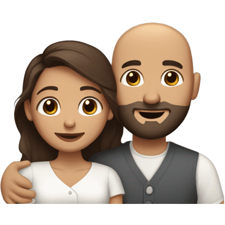 Brown-haired Puerto Rican woman with dark brown eyes wearing a cute blouse giving a comforting hug to a short, bald man with brown eyes, laugh lines, and a beard emoji