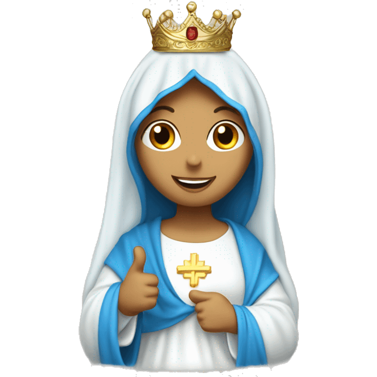 blessed virgin mary with one hand thumb up, with blue veil and white clothes, with crown, with halo emoji