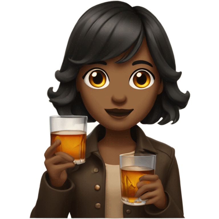 A dark haired girl with slightly wavy hair and bangs holding a glass of whiskey emoji