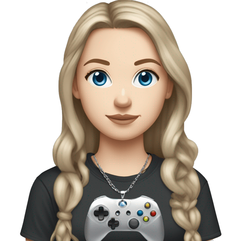 white girl, long brown hair, light blue eyes, black t-shirt, one silver chain necklace, grey joggers, white airforces and blue xbox controller  emoji