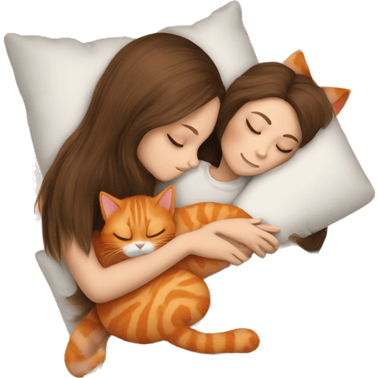 orange cat sleeping with long haired brunette girl holding pillow emoji