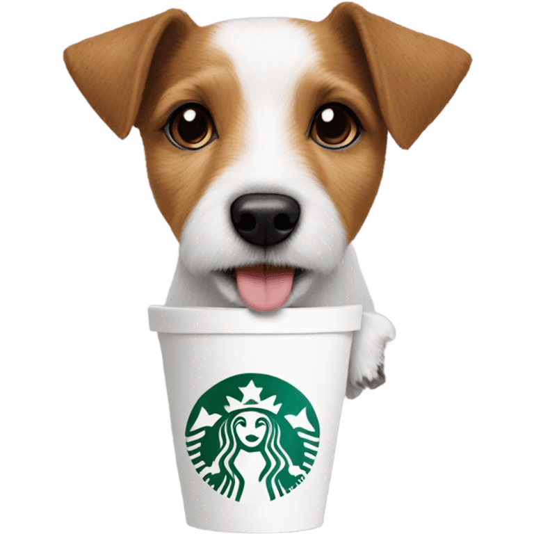 Parson Russell terrier head with a pup cup from Starbucks emoji