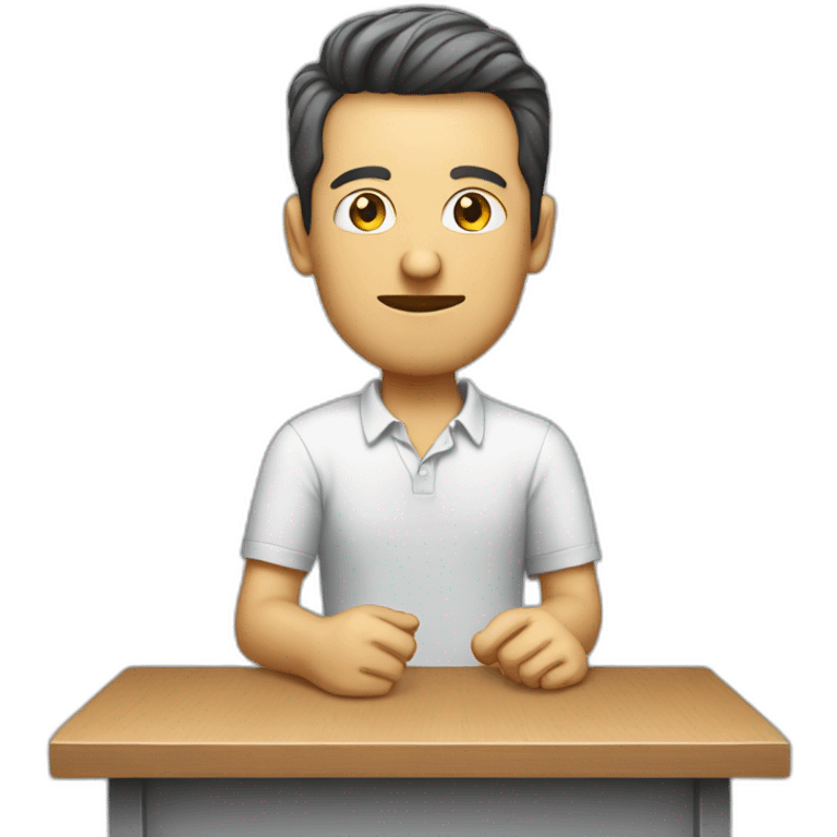 a white man a mic in his table, sitting, wearing shirt emoji