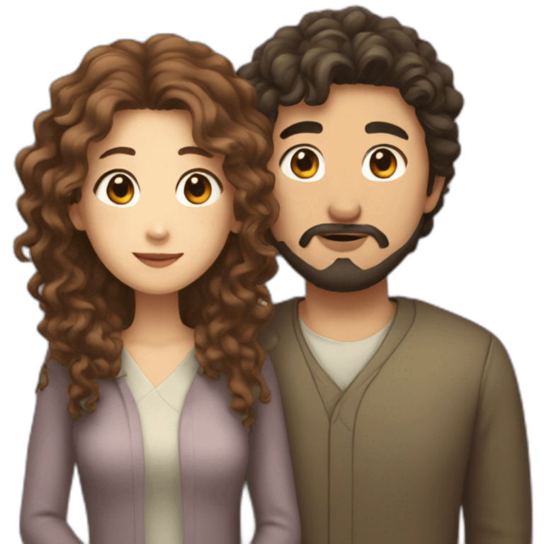 A white curly brown hair woman and a Japanese man with a little beard in love emoji