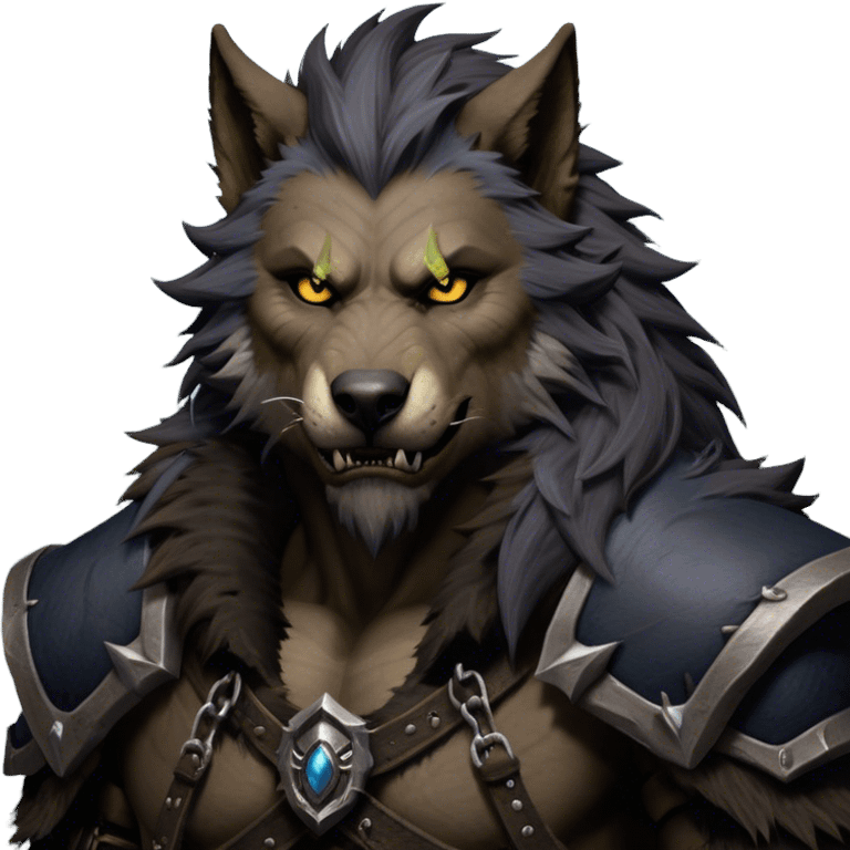 Cinematic Realistic WoW Worgen Portrait, depicted as a fearsome blend of man and beast, with rugged, dark fur intermingling with tanned, weathered skin. His piercing amber eyes and fierce expression are framed by disheveled hair and subtly detailed, worn leather attire in dark, consistent hues. Rendered with lifelike texture and dramatic, natural lighting, high shine, noble and formidable, capturing the primal nobility of a legendary worgen warrior. emoji