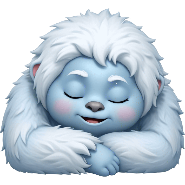 Meme-Worthy Cute Sleeping Yeti Portrait Emoji, with a charming, fluffy, snow-dusted figure in gentle whites and cool blues, head resting in blissful, serene slumber with closed, peaceful eyes and a small, contented smile, simplified yet irresistibly adorable, highly detailed with a soft frosty outline that captures the tender drowsiness of a yeti drifting into snowy dreams! emoji