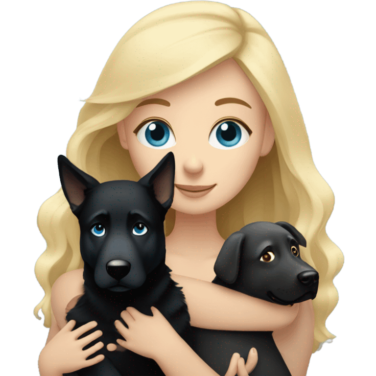 blonde girl with blue eyes cuddled with a black German shepherd  emoji