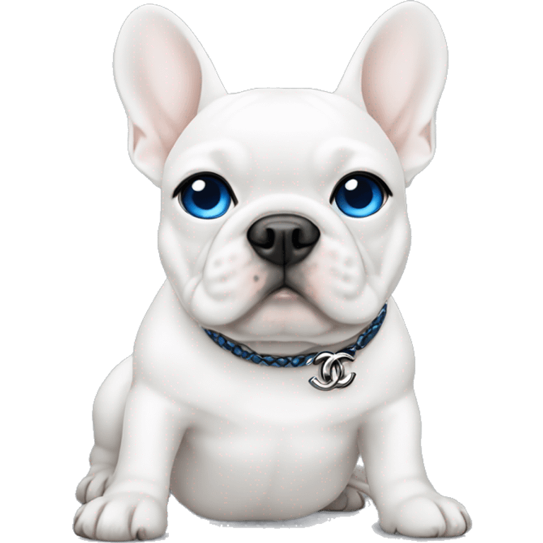 White frenchie with blue eyes wearing Chanel emoji