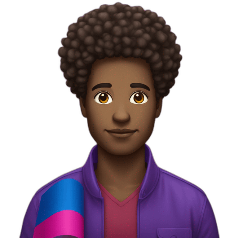 african-american man with curly "afro" hair holding the 3 shade bisexual flag emoji