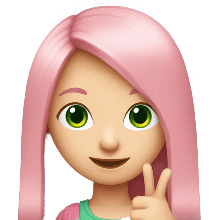 fair-skinned green-eyed girl with straight long pink hair shows thumbs up emoji