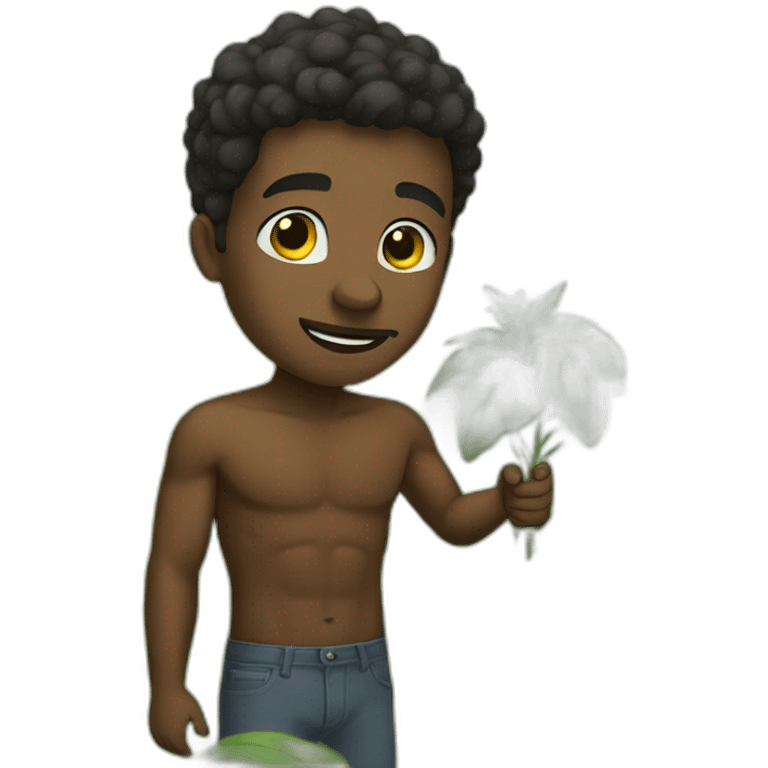 A black man shirtless in a field picking plants emoji