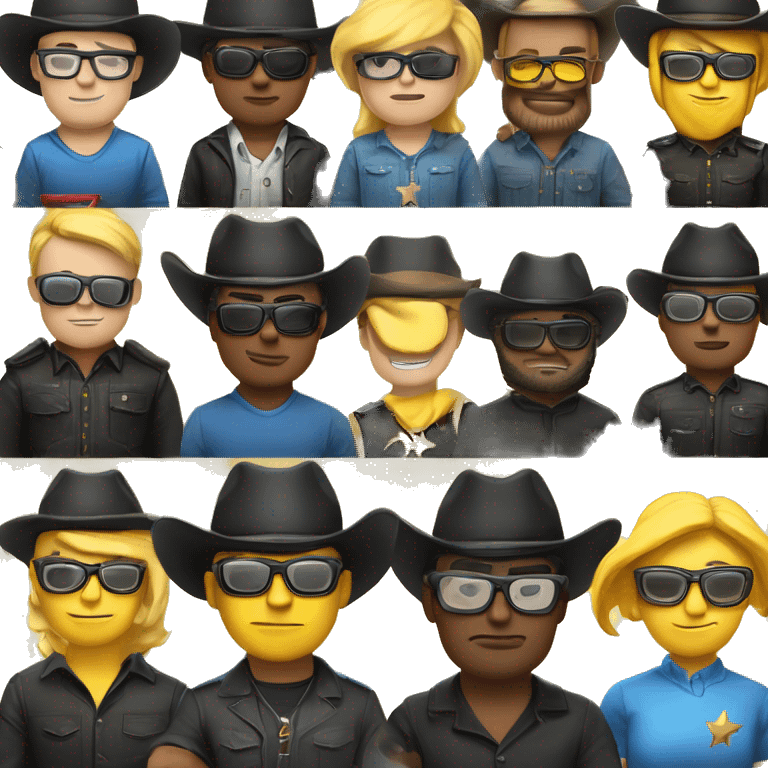 a man with yellow skin, a cowboy hat with a blue stripe on it, black glasses with a shine, a arrogant smile and a black shirt with "im pro" writen on it. Unrealistic default emoji style. emoji