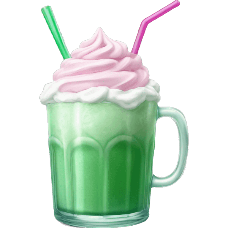 iced green drink with pink whip cream in glass cup emoji