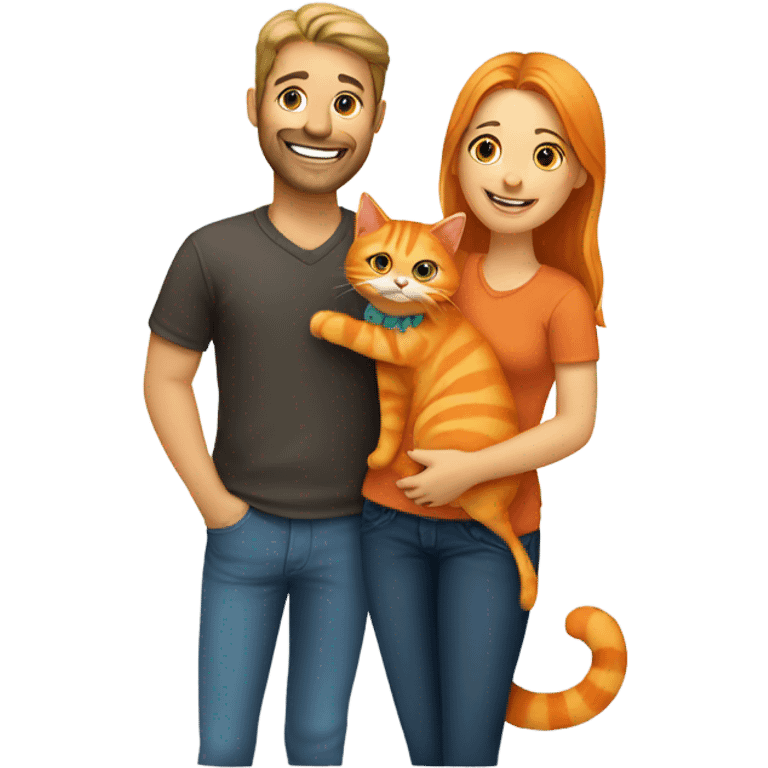 a happy woman and a man are friends and holding a orange cat emoji