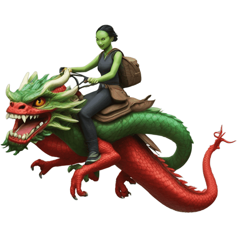 Photo realistic, alien female green,  on red china dragon emoji