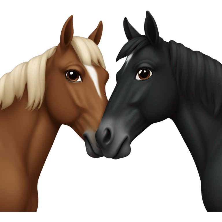 2 horses are kissing each other. One is black and the other one is chestnut  emoji