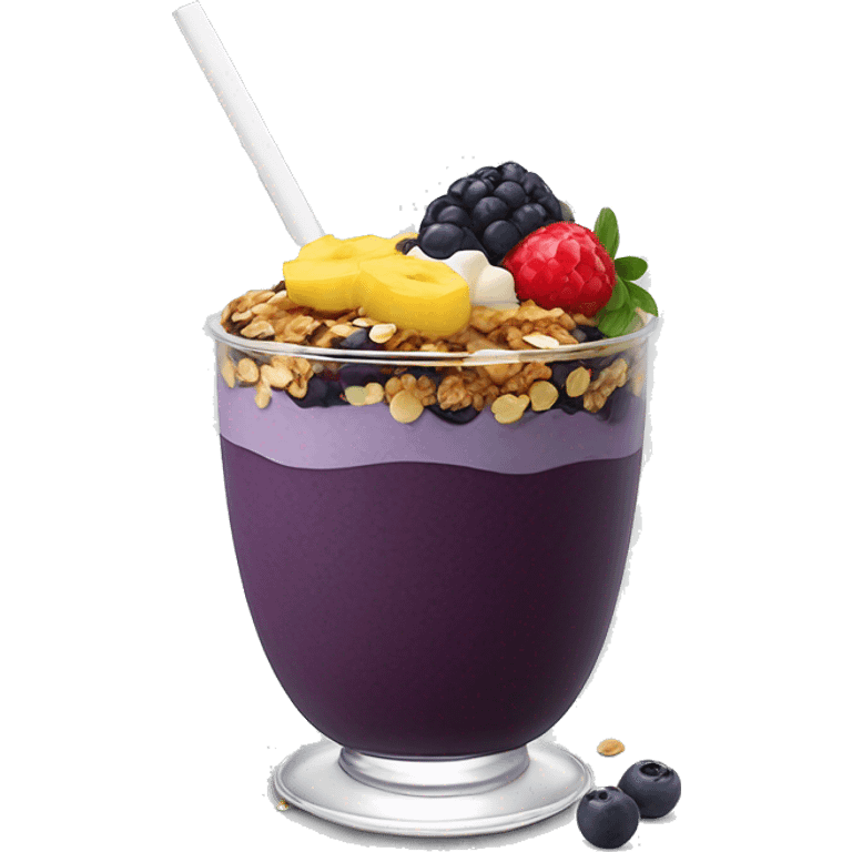 Açaí in a clear cup with layers of fruits and granola and condensed milk emoji